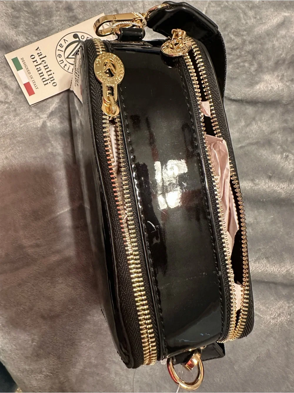 Valentino Garavani Black Patent Leather Stud Belt Bag with Gold Hardware